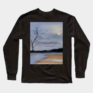 Cloudy beach scene with lone tree and nesting birds Long Sleeve T-Shirt